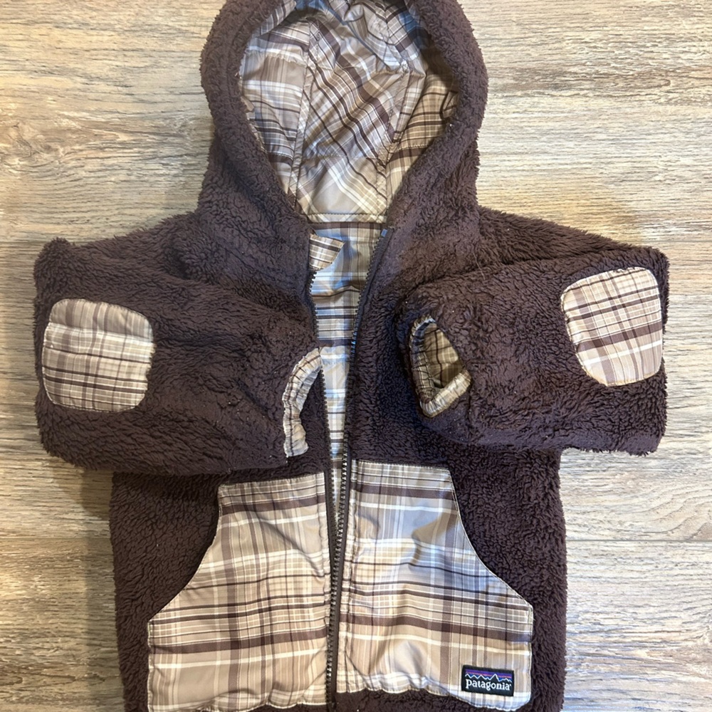 Patagonia reversible winter jacket, size 3T, brown fleece & brown plaid